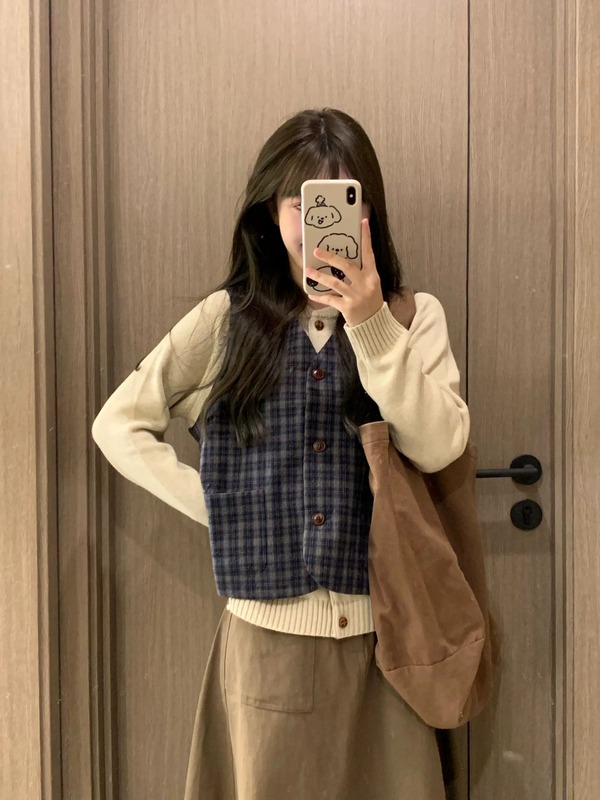 冬装搭配一整套女2025新款复古格纹马甲叠穿毛衣半身裙子三件套装|undefined
