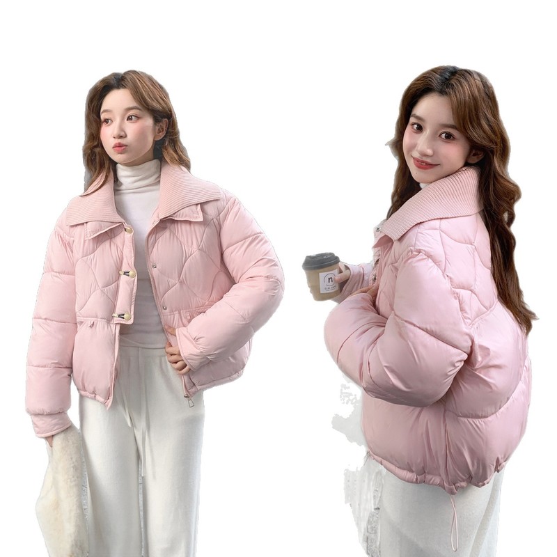 2025冬季新款韩版针织双层领短款羽绒棉服女减龄显瘦保暖外套|undefined