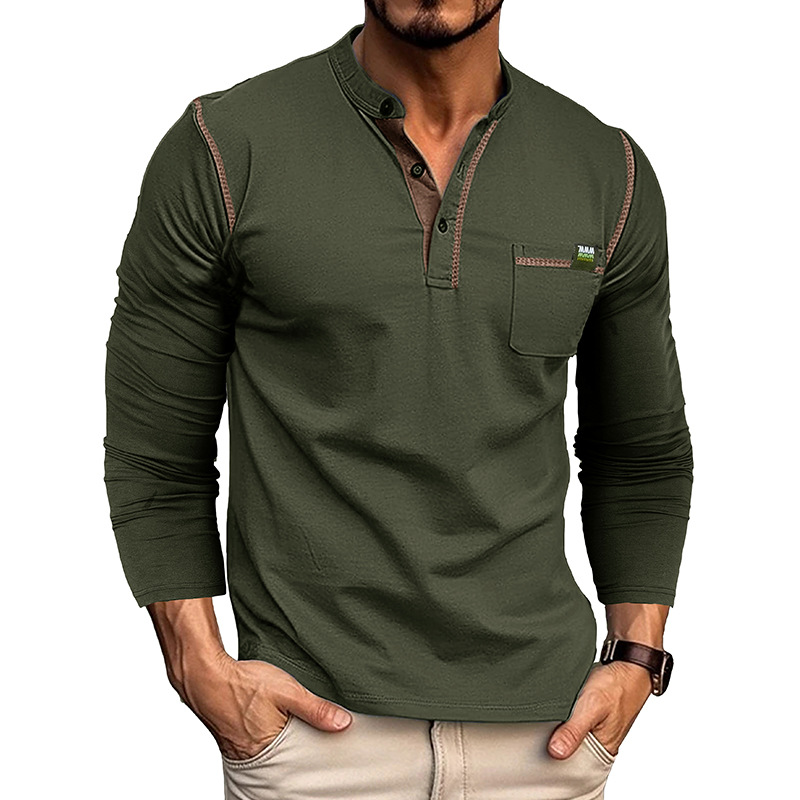 217g Weight Long Sleeve Sleeve Length Half Placket Placket Type Regular Sleeve Sleeve Type Cotton Blend Fabric Type Regular Top Length T-shirt Tops Type Daily Occasion Round Neck Neckline Breathable Function Regular Fit Fit Type Solid Color Pattern Spring, Autumn Season Men's Gender Casual Style Wholesale Men's Casual Solid Color Long Sleeve Men's Tops 无