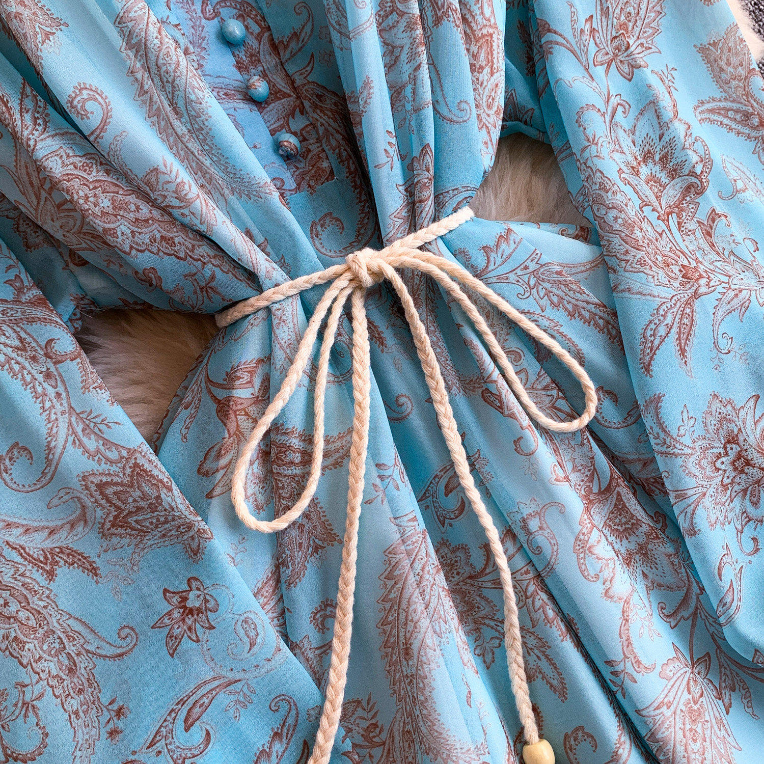 Elegant French Style Long Sleeve Dress Ruffled Collar Rope Waist Cinching Chiffon Printed Maxi Summer Retro Dress_ecoleips.com