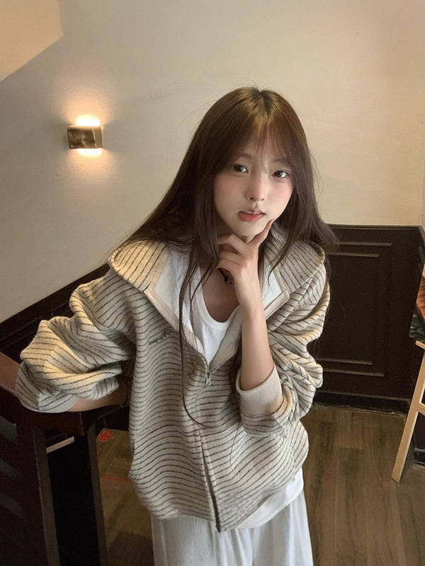 连帽卫衣外套女春秋季2025新款韩系慵懒拉链条纹开衫上衣早秋穿搭|undefined