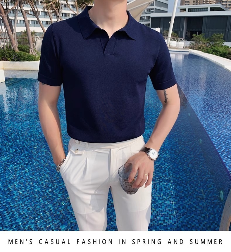 Men's Slim Fit Polo Shirt Silky Cotton Ice Silk Knitted Seagull Collar Short Sleeve Casual Workwear Trendy Sweatshirt_viptrois.com