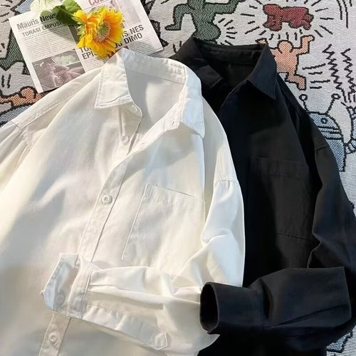 Men's Long-Sleeve Solid Color Base Shirt, Spring and Autumn Season, High-End American Casual Style Inner Wear, White and Black Simple Blouse
