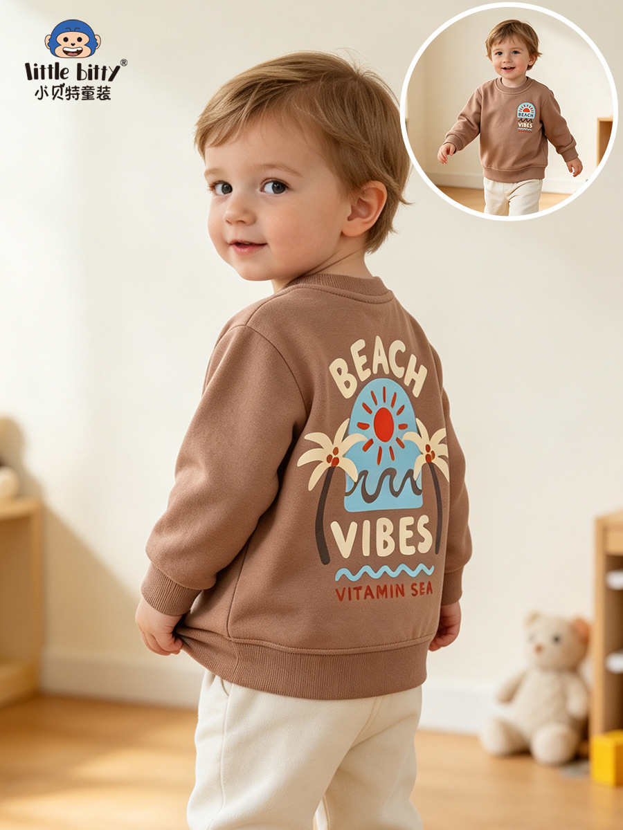 Cross-border children's clothing for autumn and winter, long-sleeve sweatshirt with cartoon beach coconut tree print, round neck, 2026 boys' sweatshirt