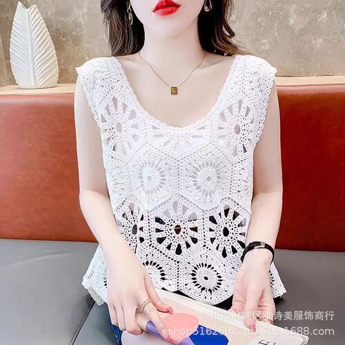 Autumn Ethnic Style Hollow Crochet Floral Fashionable Age-Defying Versatile Unique Design Round Neck Sleeveless Women's Vest Top