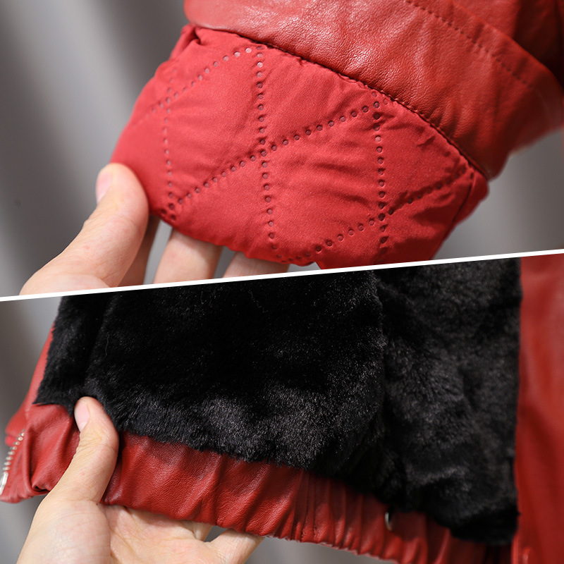 6675 Chaqueta de cuero rojo para niños 2025 Chaqueta de cuero con cuello alto festiva de invierno para niños más terciopelo image 5