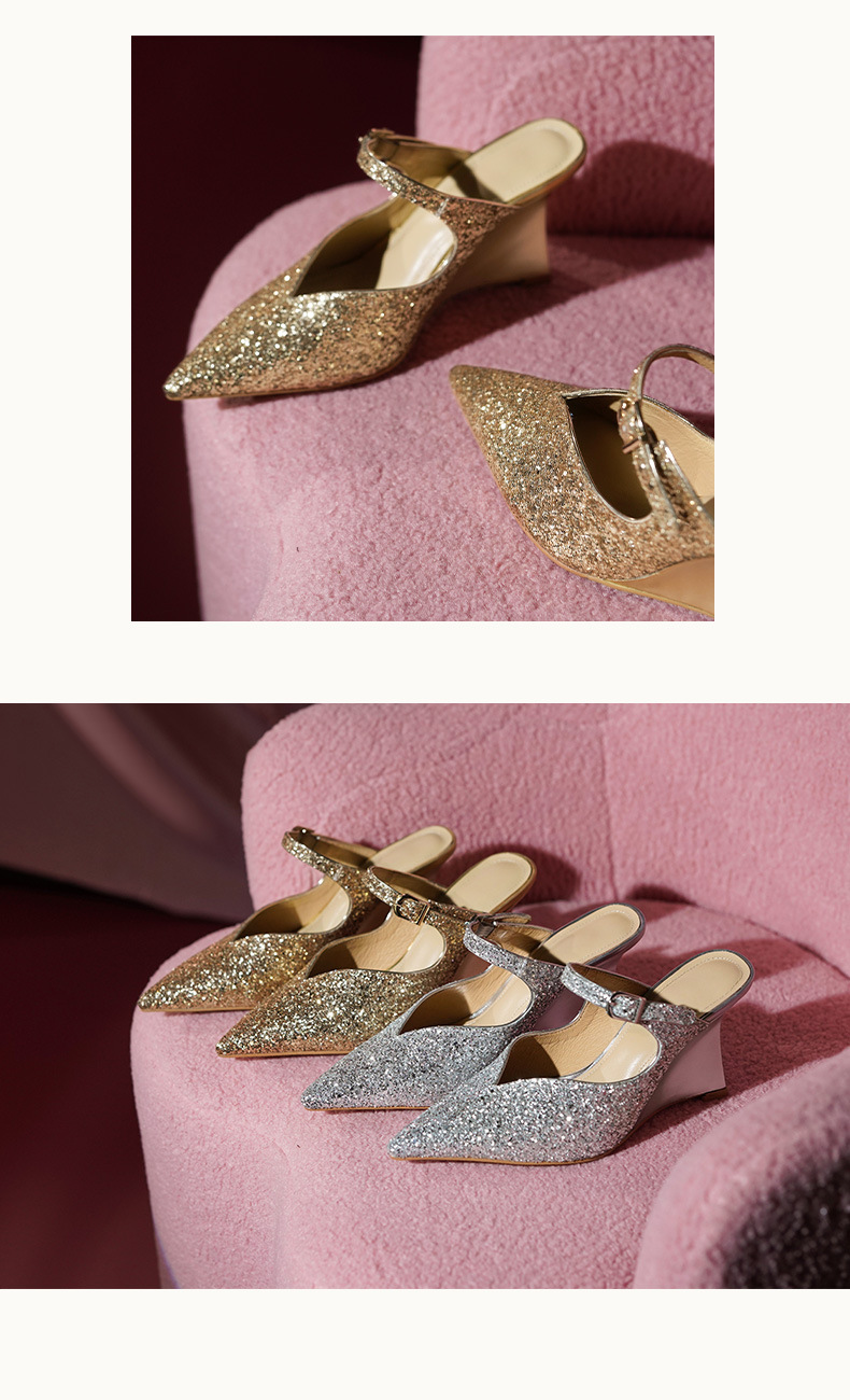 Giày mule nữ mũi nhọn đế xuồng phối sequin lấp lánh — màu vàng, bạc chi tiết 6