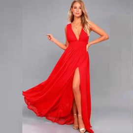 欧美外贸亚马逊速卖通wish女士雪纺V领长款礼服新款性感开叉