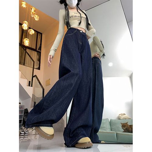 Spring New Denim Pants Highlight Leg Length 2025 Trend Deep Blue Loose Wide Leg Pants Women High Waist Slimming