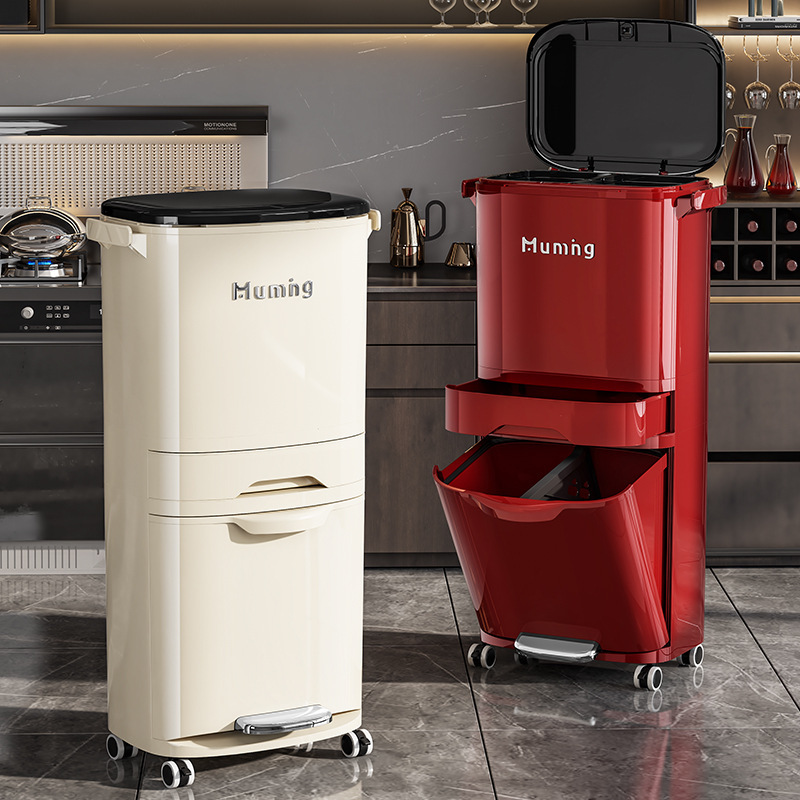 Kitchen trash can for home use, large capacity, no need to bend over, classified storage bin with lid, press-type, multi-layer, movable garbage bin Kitchen trash can for home use, large capacity, no need to bend over, classified storage bin with lid, press-type, multi-layer, movable garbage bin