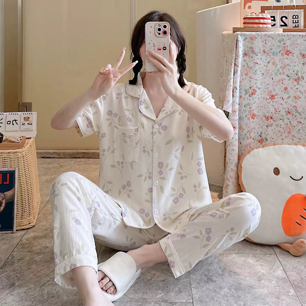 Pajamas de espuma tejidos de verano de algodón pantalones largos de mangas cortas ropa para el hogar de verano delgada de algodón conjunto de dos piezas