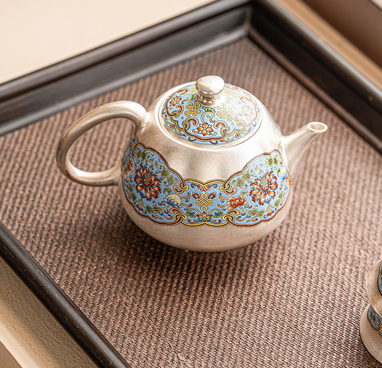 シルバーエナメル999金メッキシルバーティーポットポット1個とカップ2