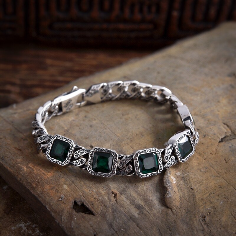 925 Silver Square Diamond Vine Grass Pattern Bracelet Mediterranean Style Blue Green Zircon Fashion Cuban Chain Bracelet Men
