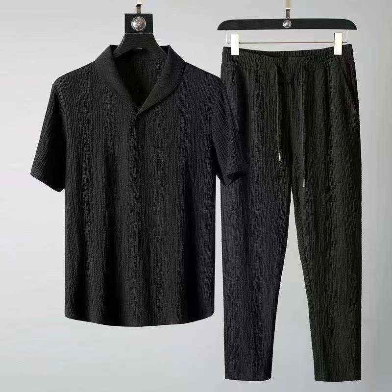 Ice Silk Linen suit Men's Summer plus size Casual Sports suit Men's Trendy Brand Thin Short-sleeved Cropped Pants Two-piece Set