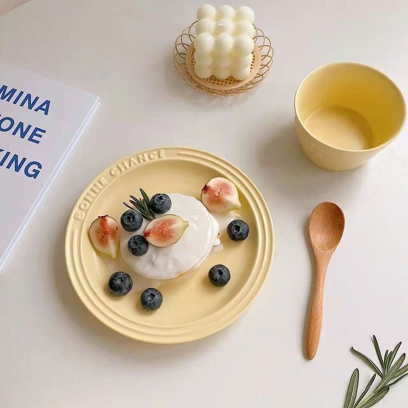 韩国风奶黄色陶瓷盘子可爱少女高颜值网红宿舍甜点蛋糕盘早餐|undefined