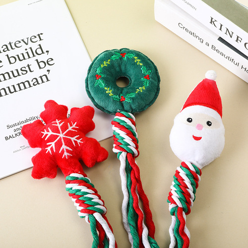 New Cross-border Christmas Cotton Rope Pet Plush Toy for Chewing and Biting, Cartoon Self-Having Dog Toy, Cat Supplies
