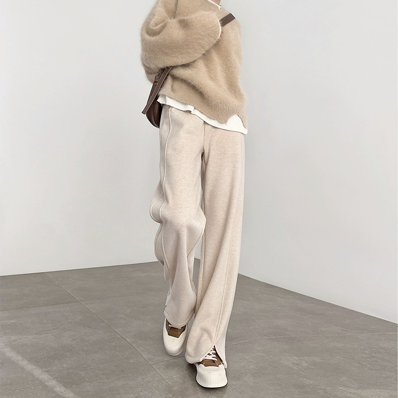 헤링본 기모 넓은 다리 바지 여성 가을 겨울 2025 새로운 양모 분할 바지 스트레이트 울 좁은 바나나 바지