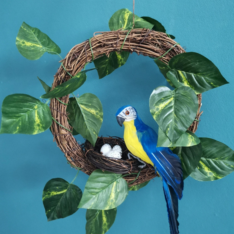 등나무 원형과 파랑 앵무새 25cm마리 세트