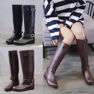 Increased Slim Look Motorcycle Boots Women's Fashion Rain Boots Long Tube Water Shoes Waterproof Non-Slip High Rain Shoes British Style Martin Boots