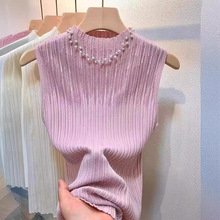 镂空设计半高领无袖小背心女新款内搭打底衫针织短款上衣2024年