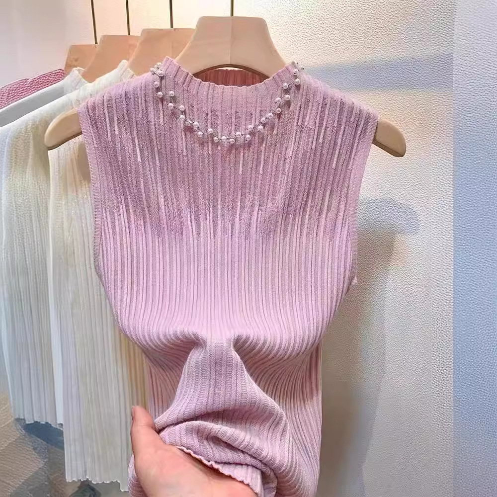 镂空设计半高领无袖小背心女新款内搭打底衫针织短款上衣2024年