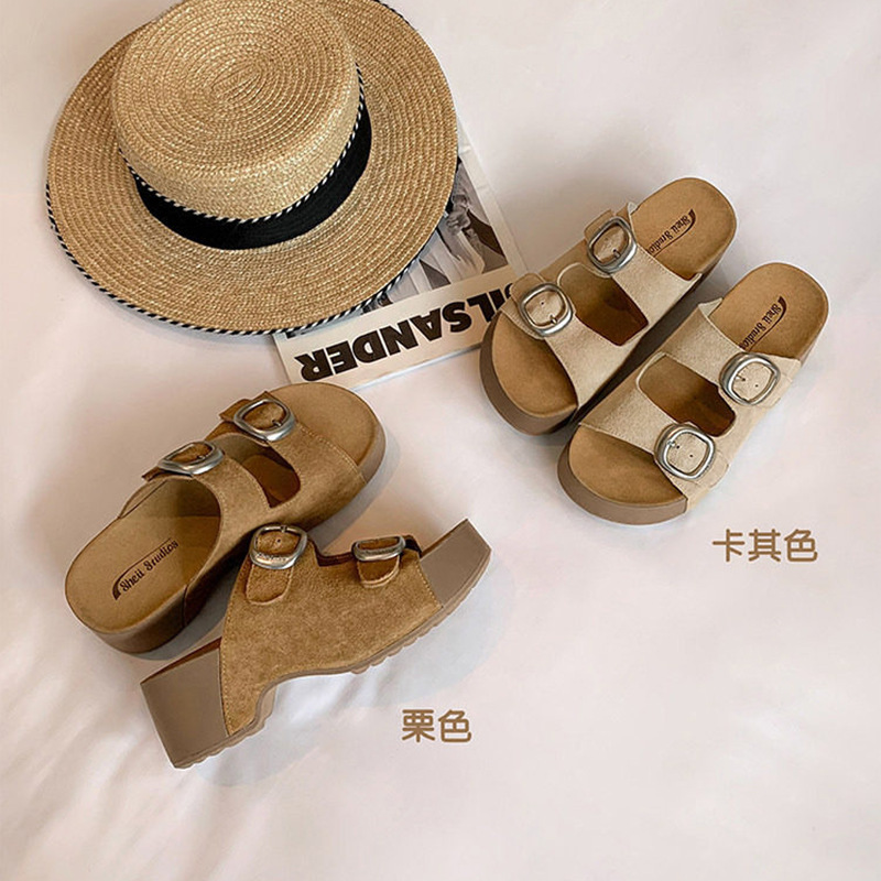 苏茵茵同款腿精勃肯拖~5.5cm厚底增高扣带真皮粗跟凉拖鞋女夏外穿