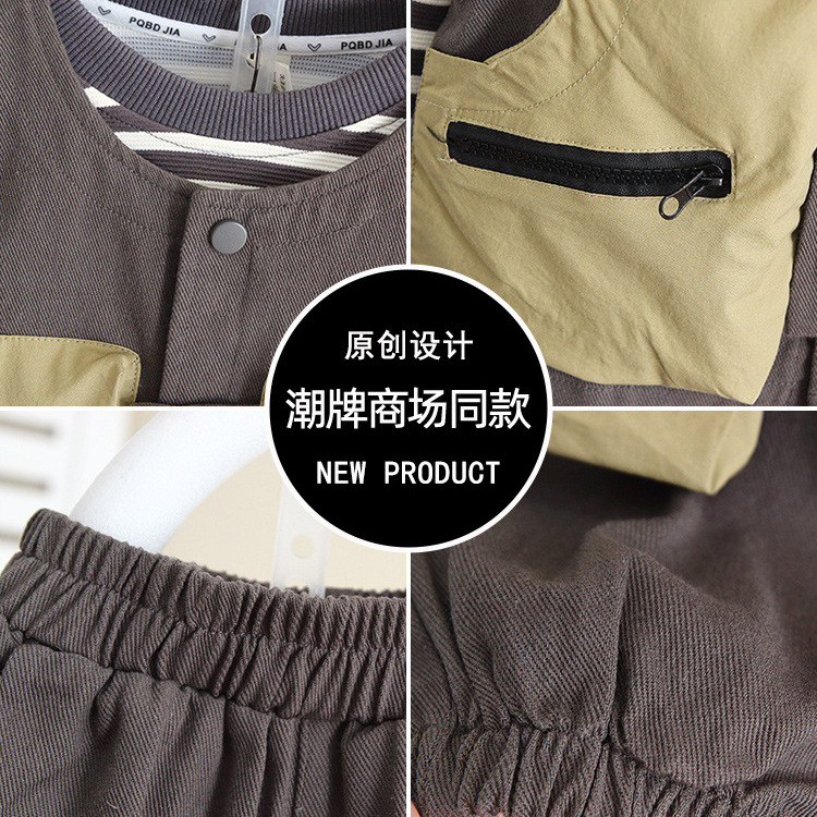 6286 Conjunto de chaleco de herramientas de primavera y otoño para niños 2025 nuevo estilo estilo occidental suéter a rayas para bebés traje de tres piezas para niños