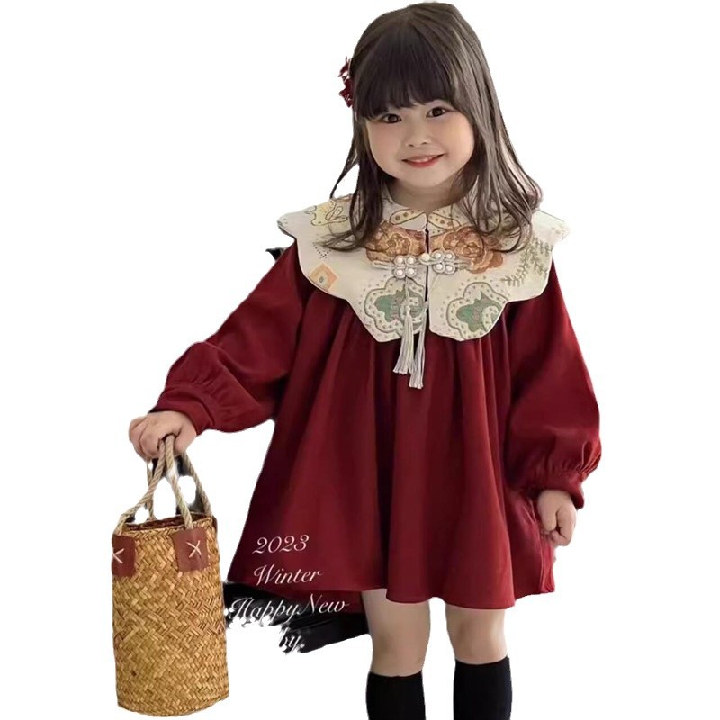 Niñas invierno bordado vestido de hombro nublado vestido de Año Nuevo vestido rojo vestido de Año Nuevo chino vestido de princesa infantil