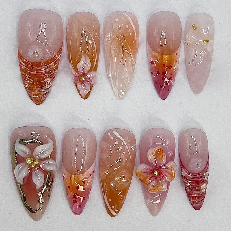Nail Patch Removable Nail Simple French Flower Fake Nail Wear Nail Three-dimensional Gold Bead Diamond 30 Pieces Nail Patch Removable Nail Simple French Flower Fake Nail Wear Nail Three-dimensional Gold Bead Diamond 30 Pieces
