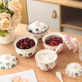 高颜值日式陶瓷罐家用厨房餐具调味盒带盖带小勺猪油罐盐罐批发