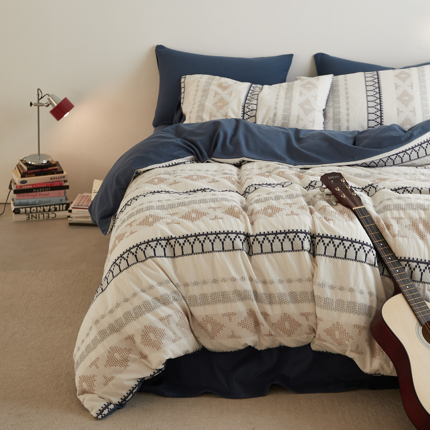 Conjunto de quatro peças minimalista retrô nórdico francês Fair Isle Story I, 100% algodão, capa de edredom jacquard tingida em fio, fronhas de algodão puro, lençol, Nor_voghion.com