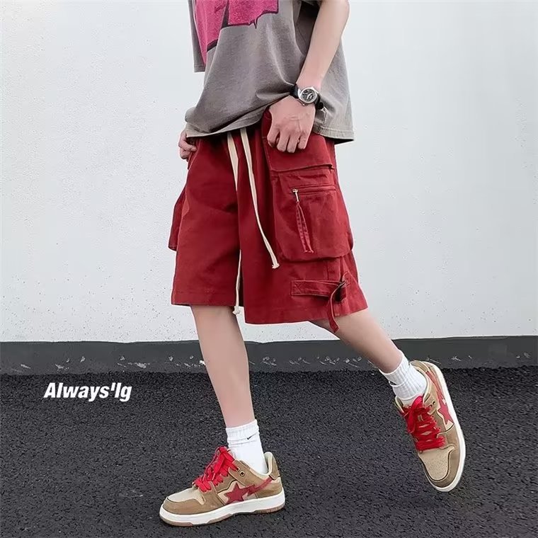 Hiphop Japanese Style High Street wine red Tooling Shorts Men's Summer Casual Functional plus size Trendy Pants