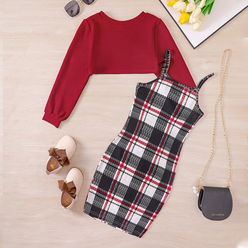 Vêtements pour enfants EW, nouveau produit pour grands enfants, jupe à carreaux d'automne pour filles + ensemble haut court DTZ844-D_voghion.com