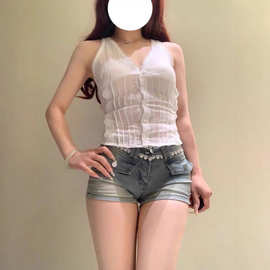 美式辣妹低腰拼接蕾丝花边牛仔超短裤女夏季紧身显瘦直筒包臀热裤