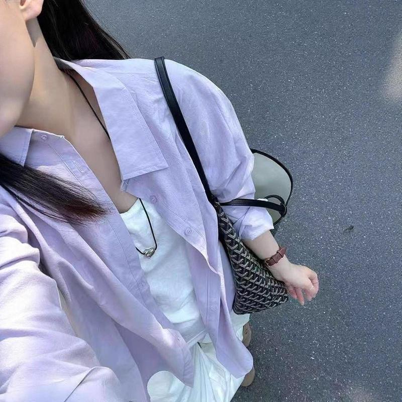韩系紫色防晒2025纯棉衬衫女早秋薄款慵懒宽松休闲长袖衬衣外套|undefined