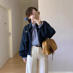 小香风藏蓝色短款飞行机车服夹克女早秋季宽松独特漂亮的初秋外套