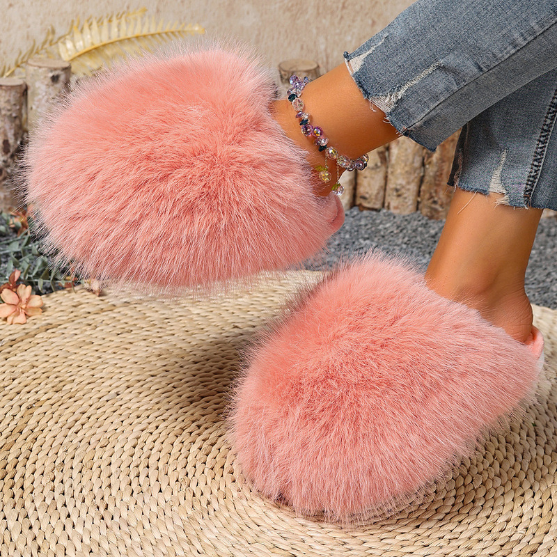 Cross-Border Amazon Fluffy Large Fur Slippers for Women Winter Fashion Multi-Color Foreign Trade Large Size New Baotou Cotton Slippers