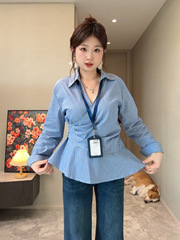 大码胖mm韩系褶皱收腰交叉条纹衬衫女秋装遮肉显瘦设计感衬衣上衣