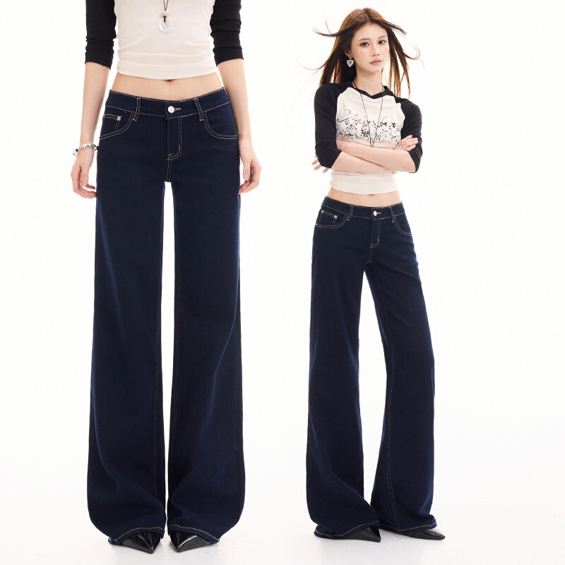 Fade-resistant, high-quality, dark blue, low-waisted, stretchy, straight-leg jeans for women, new autumn collection, slim-fit, and flattering, with a flared, long design Fade-resistant, high-quality, dark blue, low-waisted, stretchy, straight-leg jeans for women, new autumn collection, slim-fit, and flattering, with a flared, long design