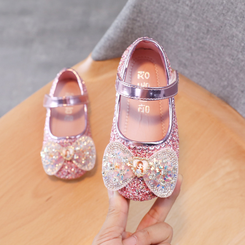 2023 spring new girls' fashion water brick cartoon princess shoes Korean version of little girl sequin leather shoes soft soled baby shoes