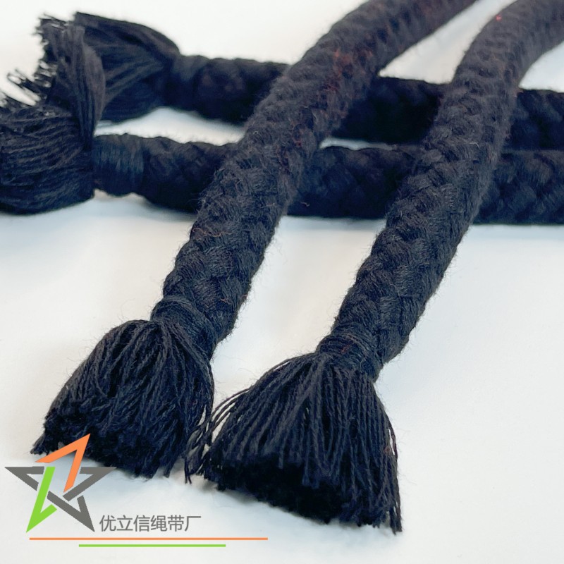 1cm黑色流苏棉绳 10mm两头吊穗全棉圆绳 八股包芯绳 裤腰衣帽抽绳
