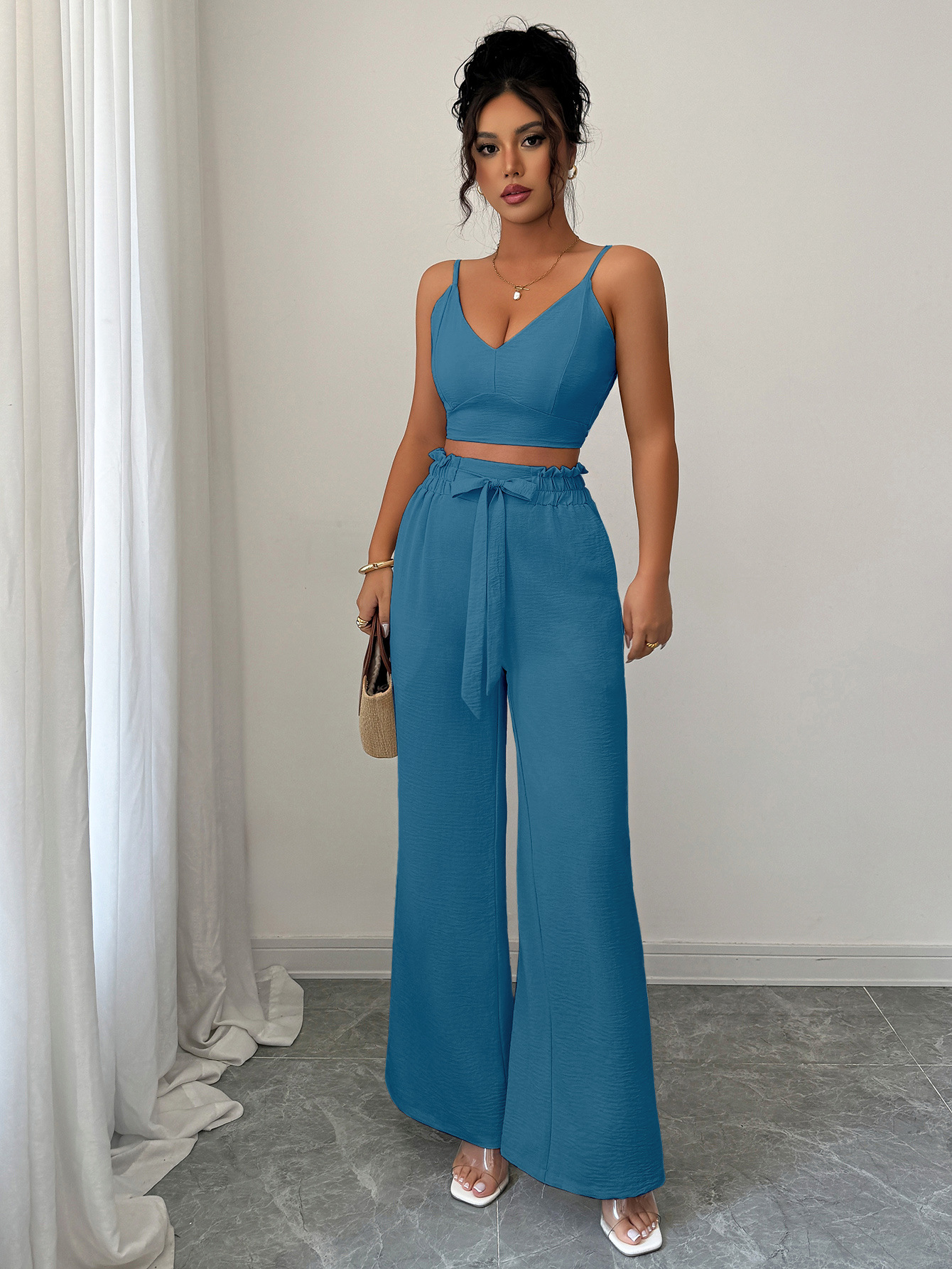 364g Weight Sleeveless Sleeve Length Polyester Fabric Type Pant Co-ord Set Sets Type 2 Pieces Set Quantity Casual, Daily Occasion Strap Neckline Slim, Loose Fit Type Solid Color Pattern Summer Season Women's Gender Casual, Sexy Style Casual Daily Women's Casual Sexy Solid Color Polyester Pant Co-ord Set Pants Sets 9