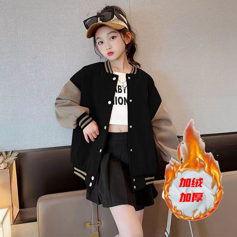 Chaqueta para niñas modelos de otoño e invierno 2024 nuevos uniformes de béisbol de invierno para niños, niñas grandes más chaqueta gruesa de terciopelo, de moda