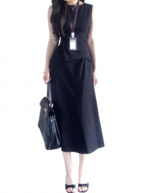 黑色背心连衣裙女2025夏季新款高级感气质收腰显瘦长裙子两件套|undefined
