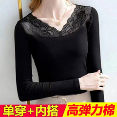 蕾絲長袖彈力修身秋冬顯瘦女士螺紋上衣外穿百搭洋氣時尚打底衫