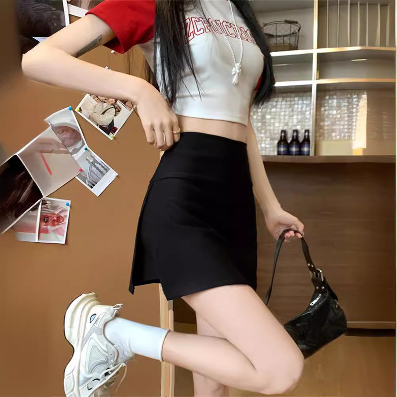 美式运动半身裙女2025年夏季新款黑色开叉包臀防走光辣妹a字短裙|undefined