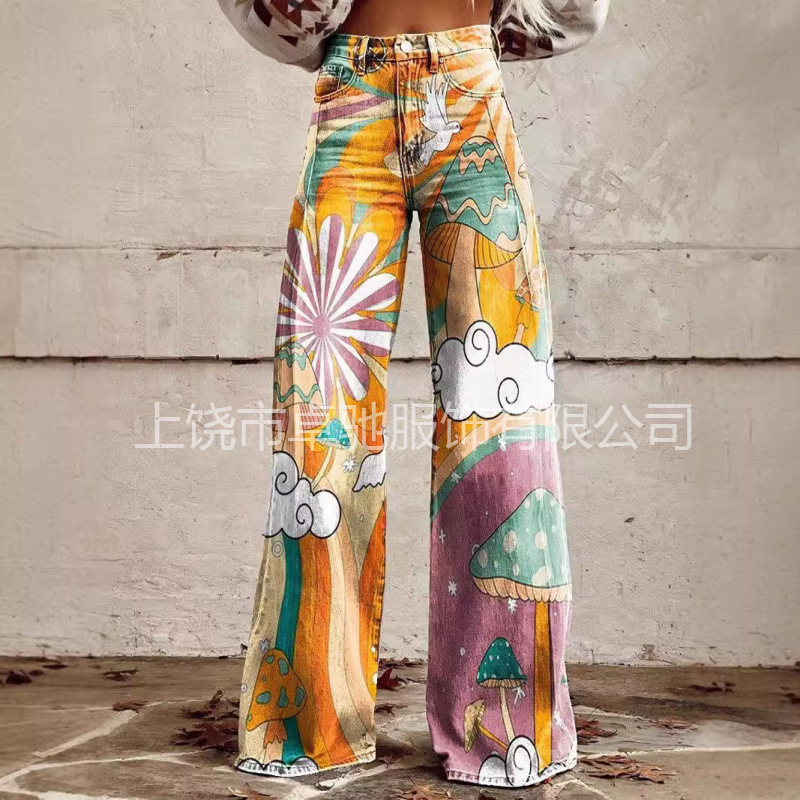 Independent Station Xiyin Shopee's Popular 2024 New 3D Heat Transfer Bell-Bottom Pants Simulated Denim Pants Loose Pants