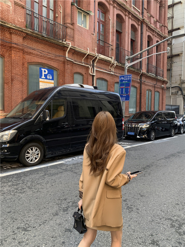 西装套装女秋装小个子豹纹拼接卡其色小西服外套高腰a字半身短裙|undefined