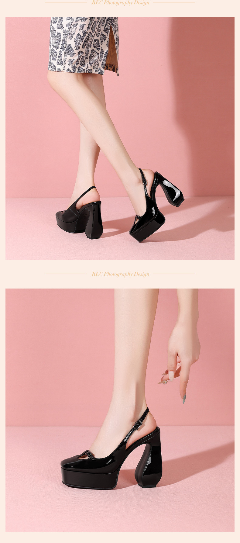 Sandal cao gót nữ mũi vuông đế platform da bò sơn — đen chi tiết 6