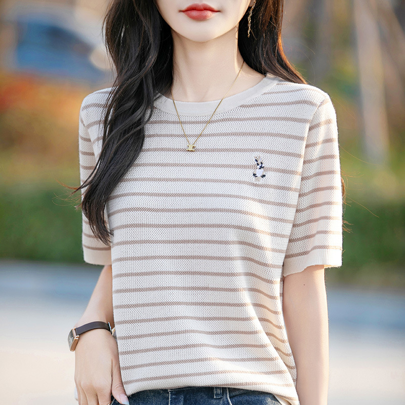 2026 Spring and Summer New Style Worsted Wool Round Neck Knitwear Short-Sleeved T-Shirt Women's Embroidered Rabbit Color-Blocked Stripesd Top